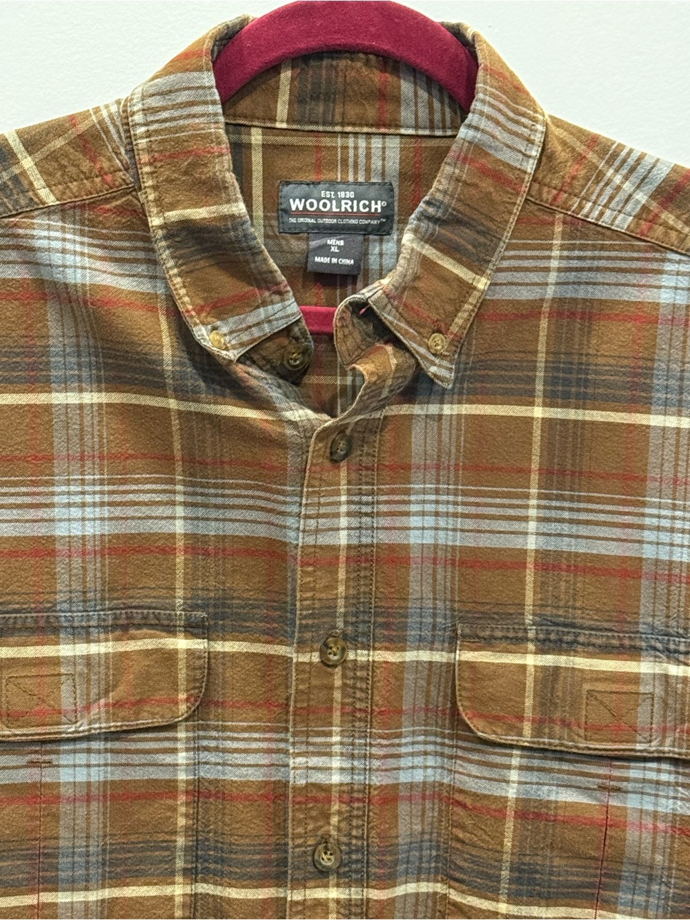 Woolrich Plaid Lightweight Shirt Brown Red Cream Buttons Up Men Size XL Classic